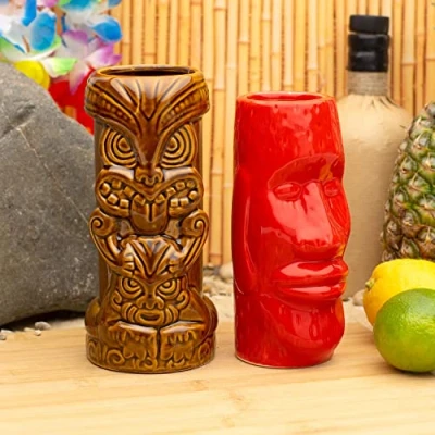 Imagen de CKB LTD Tiki Juego de 2 vasos cerámica colores, grandes y altos, cóctel cerámica, ideales para fiestas hawaianas Luau, decorativos (marrón rojo)