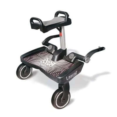 Imagen de Lascal BuggyBoard Maxi+ Plataforma con sillín infantil y base grande, accesorio para niños de 2 a 6 años (22 kg), compatible muchas sillitas paseo, gris/negro