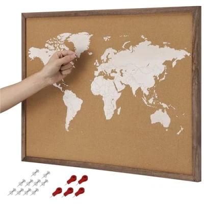 Imagen de Navaris Mapa Mundi Corcho Pared Mapamundi 70 x 50 cm con Marco de Madera Cuadro Chinchetas del Mundo para Marcar Viajes