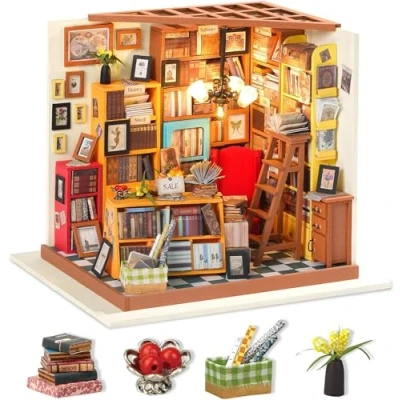 Imagen de Robotime Biblioteca Casa de Muñecas Estilo Estudio Kit Construcción en Miniatura con Detalles Iluminación y Accesorios Decoración del Hogar