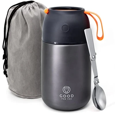 Imagen de GOOD FOR YOU Termo de 730ml Jarra térmica metal Con doble aislamiento para comida, café, agua, etc. Fiambrera bebé, niños, oficina, camping cuchara, color Gris