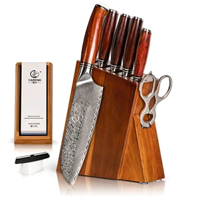 Imagen de YARENH Juego de Cuchillos Cocina Acero Damasco, Bloque Cuchillos, 8 Piezas, Cuchillo con Alto Contenido Carbono, Mango Sándalo, Profesional Set Chef