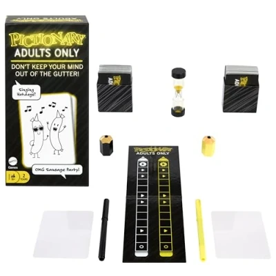 Imagen de Mattel Games Pictionary Adults Only, Juego de Mesa, para Adultos y Noches Juegos, Dibujo Cartas Pistas, tableros, rotuladores Reloj Arena, Version española, JCM29
