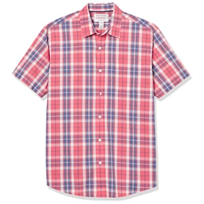 Imagen de Amazon Essentials Camisa de Popelín Manga Corta Ajuste Normal Hombre, Rojo Efecto Lavado Cuadros Ventana, L