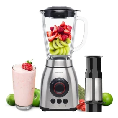 Imagen de Mellerware Batidora de Vaso con Filtro Mixy Plus! 2000W 3 Velocidades + TURBO Jarra Vidrio 1.8L Cuchillas 6 Hojas Rompehielos Licuado sin Grumos Acero INOX Apto para Lavavajillas