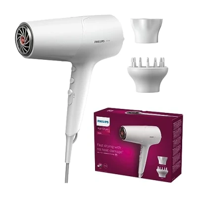 Imagen de Philips Secador de Pelo Serie 5000, 2300w, con Tecnología ThermoShield, Boquilla UltraEstrecha, Estrecha y Disfusor, BHD500/20, Blaco Satinado
