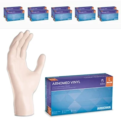 Imagen de ARNOMED guantes vinilo sin polvo talla L, 1000 unidades (10 cajas), desechables transparentes, de polvo, en tallas S, M, L y XL