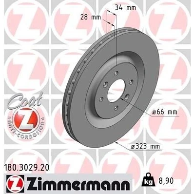 Imagen de ZIMMERMANN COAT Z 180.3029.20 Disco de freno 323 28 6/4 4 108 ventilación interna revestido PEUGEOT: 208 I Hatchback, CITROËN: DS3 Hatchback