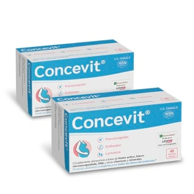 Imagen de Pack 2 cajas Vitaminas Embarazo con Ácido Fólico Folato activo, Hierro, Omega 3 y nutrientes Fertilidad Mujer Pastillas Concevit