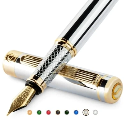 Imagen de Scriveiner Pluma Estilográfica Plateada con Detalles de Oro 24k y 18K para una Caligrafía Suave Elegante, Plumilla (Ancha) Convertidor Instalado Schmidt, Dos Cartuchos Tinta, Azul Negro