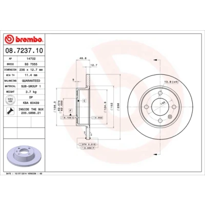 Imagen de BREMBO 08.7237.10 Disco de freno 236 12,7 4 macizo con tornillos