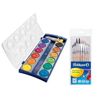 Imagen de Pelikan 720250 Caja de pintura K12, 12 colores + 1 tubo blanco opaco, estándar escolar (caja y juego 10 pinceles)