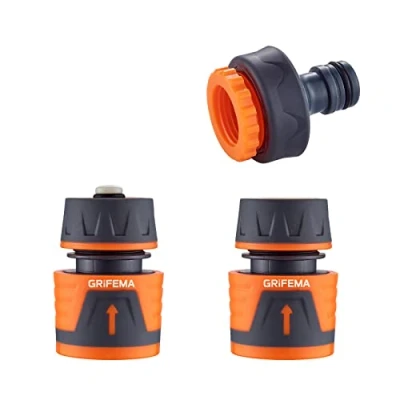Imagen de GRIFEMA GE1103 Kit de Conector Manguera Jardín Que Incluye Waterstop 1/2&quot;, Acoplamiento Rápido 1/2&quot; y Accesorios Hembra Premium 3/4&quot;Gris Naranja