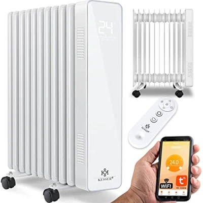 Imagen de KESSER® radiador de aceite, 2500 W, calefacción eléctrica móvil, ahorro energía con control aplicaciones wifi y pantalla táctil LED, mando a distancia, 11 costillas, temporizador