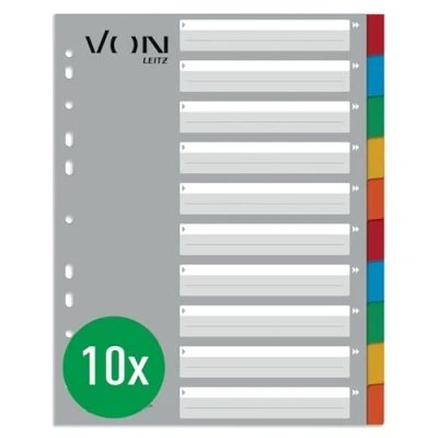 Imagen de von Leitz 12990000 Paquete de 10 índices A4 extra anchos, 100% cartón reciclado, Leitz, pestañas en blanco, índice universal 11 agujeros para grapadoras y carpetas anillas,