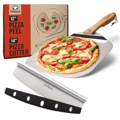 Imagen de Chef Pomodoro Pala Pizza Horno Larga, para de Aluminio con Tope Seguriddad y Mango Plegable Madera 10 cm Fácil Almacenamiento (30,5 x 35,6 + 35,5 Cutter)
