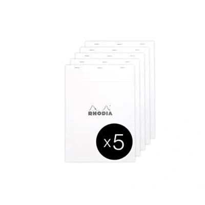 Imagen de RHODIA 18201C Bloc Notes Agrafé N18 White A4 Petits Carreaux 80 Feuilles Détachables Papier Clairefontaine Blanc 80G Couverture en Carte Paquet de 5 blocs