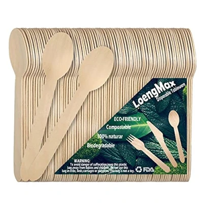 Imagen de LoengMax Cucharas de madera desechables, 100 piezas 15 cm longitud, cubiertos madera, ecológicos, 100% compostables, biodegradables, utensilios natural