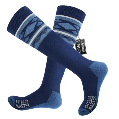 Imagen de OutdoorMaster 2 pares de calcetines esquí unisex lana merino para hombre y mujer, transpirables deportes al aire libre con diseño OTC/puños antideslizantes