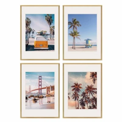 Imagen de PHOTOLINI marcos 50x70 cm oro madera MDF, set de 4 para pósteres con paspartú 40x50 cm, cristal acrílico, colgar y poner pie, incluye accesorios fotos, láminas