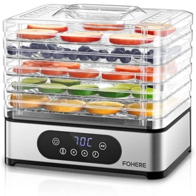 Imagen de Deshidratador de Alimentos 420W FOHERE, Pantalla LED, Inox Deshidratadora con 5 Bandejas Altura Regulable, Temporizador 30 min a 48 hs, Temperatura 70, para Frutas, Carnes, Verduras y Hierbas