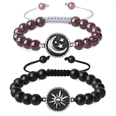 Imagen de COAI Pulseras de Distancia para la Pareja Ónix Mate y Lepidolita con Amuleto Sol Luna