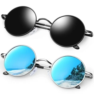 Imagen de KANASTAL 2 Pares Gafas Redondos Hombres Polarizadas Mujer Vintage UV Protección Steampunk Retro Clásico Moda Círculo Metálico Sunglasses Round Negras + Azul Espejo
