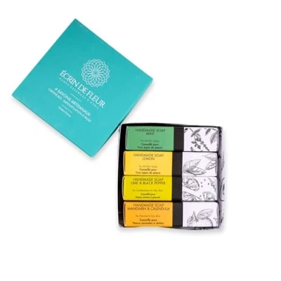 Imagen de Écrin de Fleur Pack 4 jabones artesanales ecológicos (Jabón lima y pimienta negra,Jabón mandarina caléndula,Jabón menta,Jabón limón)