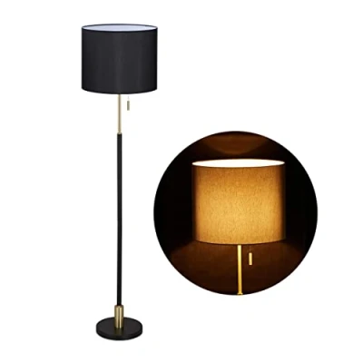 Imagen de Relaxdays Lámpara de Pie, Iluminación Salón, Rosca E27, Pantalla Tela Ø40 cm, Estilo Retro, 163 cm Alto, Negro y Dorado