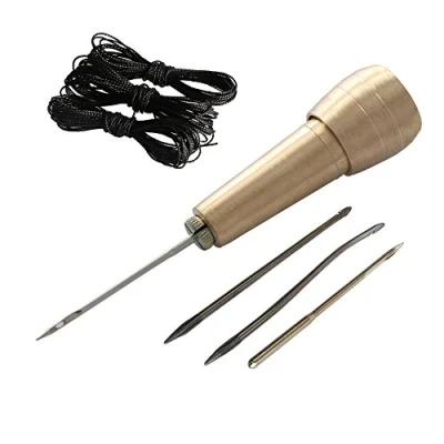 Imagen de El cobre de la manija 4 agujas coser a mano Punz¨®n Stitcher Kit con 9m Hilo nylon cuerda herramientas Reparaci¨®n zapatos cuero DIY (Dorado+ Negro)