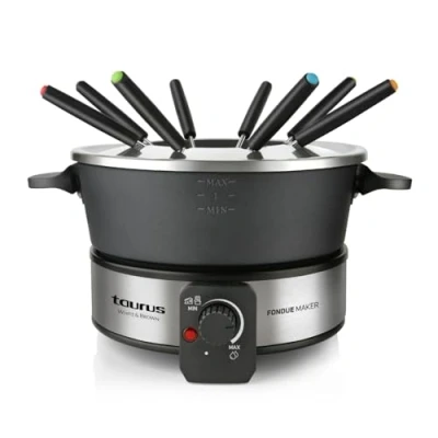 Imagen de Taurus Fondue en Casa para 8 Personas, 1000 W potencia, Acero Inoxidable, Capacidad 2L, Olla Libre de PFOA, Asa transporte, Color Inoxidable Negro, Plata Chocolate, Queso, Caldo, y más
