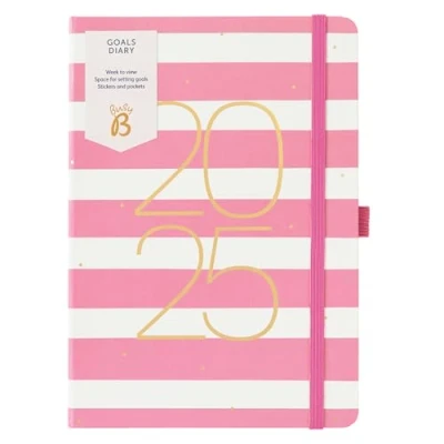 Imagen de Busy B Agenda de Objetivos 2025 Raya Rosa Planificador Semanal A5 con banda elástica, resumen mensual, citas inspiradoras y pegatinas compacta para la productividad
