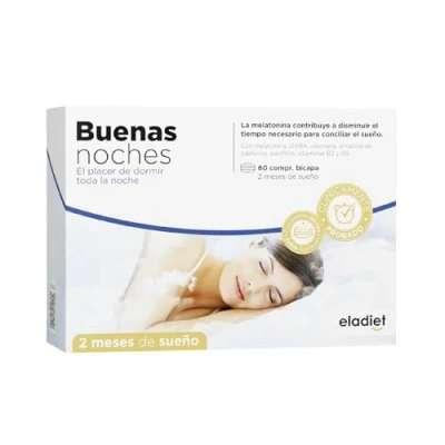 Imagen de Eladiet Buenas Noches Complemento Alimenticio con Melatonina, Pasiflora y Valeriana 60 Comprimidos Favorece la Conciliación del Sueño un Descanso de Calidad