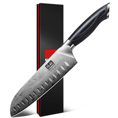 Imagen de SHAN ZU Cuchillo Santoku de Acero en Polvo, 18cm Cocina Profesional, Japonés Súper Afilado Duro, para Verduras y Carne, Mango Ergonómico Madera Pakka