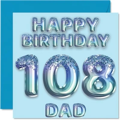 Imagen de Tarjeta de cumpleaños número 108 para papá, globos fiesta con purpurina azul, tarjetas feliz papá años, padre hijo e hija, felicitación 145