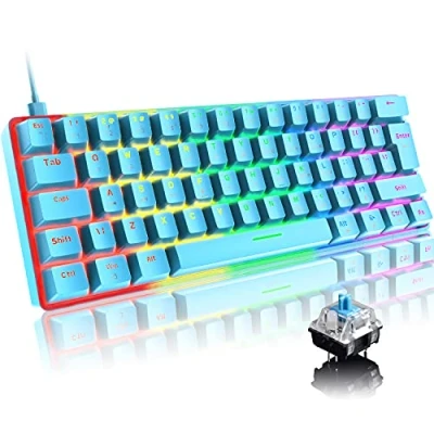 Imagen de Mini 60% Teclado Mecánico para Juegos,Compacto 62 Teclas,Cable USB C Desmontable,18 Chroma Retroiluminación RGB,QWERTY Layout,Interruptor Azul, Anti Fantasma Computadora/PC/Laptop/Mac Azul