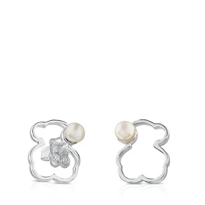 Imagen de TOUS Pendientes de Plata Primera Ley para Mujer con Motivo Oso 1.4 cm y Perla, Elegane Versatil, Colección Silueta