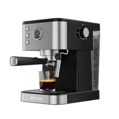 Imagen de EVVO Cafetera Express Intensa, Presión de 20 bares, Cuerpo Acero, Italiana para Espressos y Capuccinos, 1350W, Doble salida, Portafiltros, Depósito 1,5 l (Con manómetro)