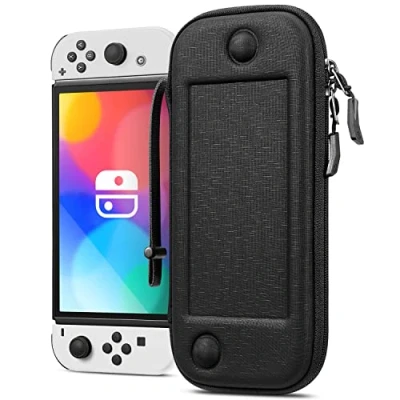 Imagen de Fintie Funda Portátil Compatible con Nintendo Switch/Switch OLED (2021) [Súper Fina] Estuche Dura Antichoque 10 Ranuras para Tarjetas y Correa de Mano, Tela Negro
