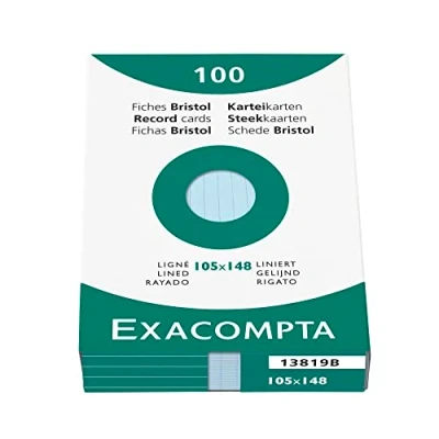 Imagen de Exacompta Bristol Tarjeta de registro, Rayado, A6, paquete 100 tarjetas, Azul, tarjetas