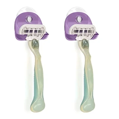 Imagen de kwmobile 2x Soporte para maquinilla de afeitar con ventosa Set organizador adhesivo el baño vidrio y azulejos lila/transparente