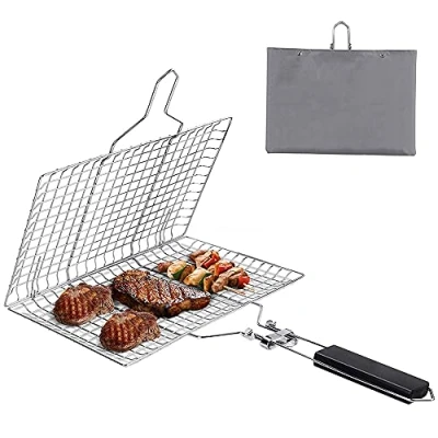 Imagen de Cesta de Parrilla Barbacoa, Pescado, para Asar a Parrilla, Acero Inoxidable Plegable Barbacoa con Asa Extraíble Bistec, Camarones