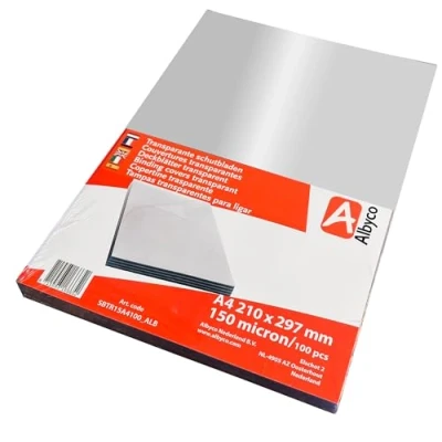 Imagen de Albyco Cubiertas transparentes brillantes, grosor 0,15 mm/150 micras, tamaño A4, 210 x 297 mm, PVC, de encuadenacion, Hojas plastico Portadas para encuadernar PVC
