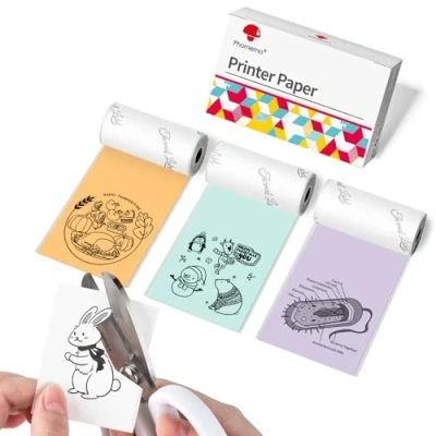 Imagen de Phomemo Papel Térmico Multicolor para Impresora de Bolsillo M02, M02PRO, M02S, M03, M03AS, M04S, M04AS, Carácter Negro Sobre Adhesivo Verde/Púrpura/Naranja, 53 mm x 3,5 m, 3 Rollos