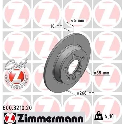 Imagen de ZIMMERMANN COAT Z 600.3210.20 Disco de freno 268 10 6/5 5 112 macizo revestido SEAT: Alhambra I, VOLKSWAGEN: Sharan FORD: Galaxy Mk1 MPV