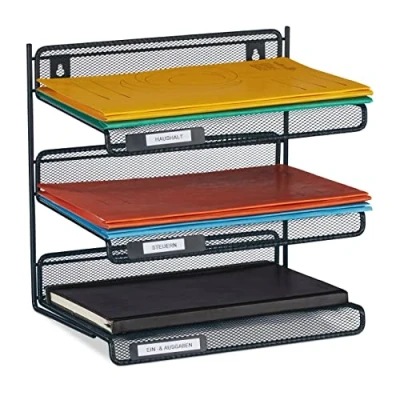 Imagen de Relaxdays Portadocumentos Bandeja Documentos Montaje Pared, 3 Compartimentos, A4, Metal, Portacartas, Antracita, Acero, 32 x 33,5 24,5 cm Aprox