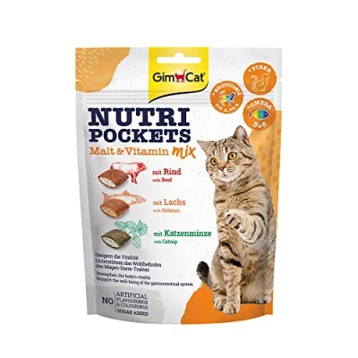 Imagen de GimCat Nutri Pockets mezcla de malta y vitaminas Snack crujiente para gatos, con relleno cremoso e ingredientes funcionales 1 bolsa (1 x 150 g)