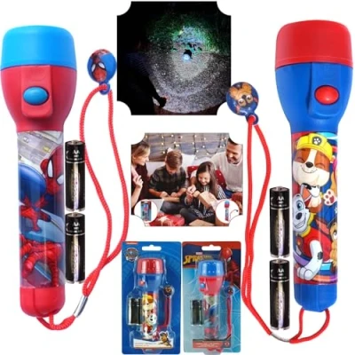 Imagen de 2 piezas LED grandes antorchas niños luz nocturna antorcha LEDs súper brillante regalos de cumpleaños linterna plástico juguete corte energía camping unisex (Spiderman y Patrulla Canina)