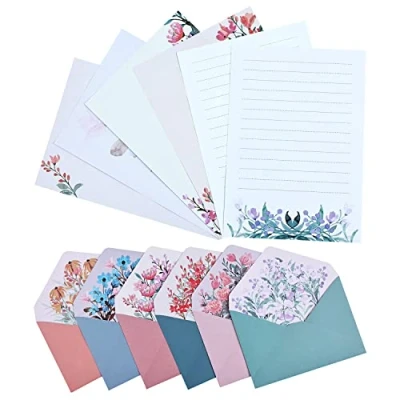 Imagen de Juego de 24 papeles papelería para escribir con 12 sobres, papel estacionario y escritura diseño único flores sobres forrados regalos invitación (6 juegos)