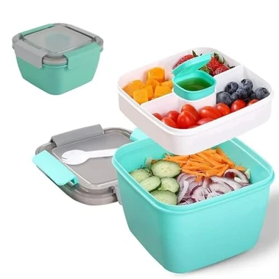 Imagen de Pecewlos Fiambrera Bento Box, Ensaladera Lunch Box con 3 Compartimentos y Cubiertos, 1500ML Caja a Prueba de Fugas para Adultos Niños, Almuerzo Plástico Microondas